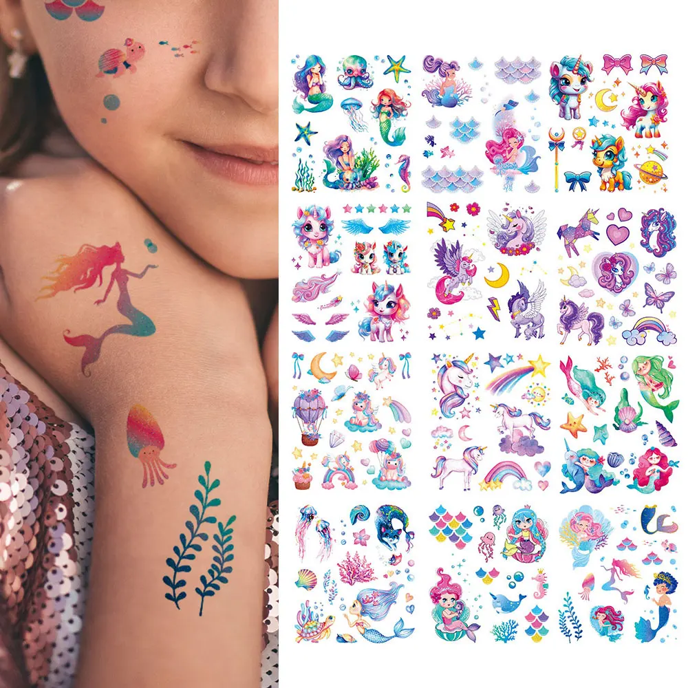 12pcs Mermaid Unicorn Colorful Glitter Powder Waterproof Temporary Tattoo Sticker Sea Creature Body Art Arm Fake Tatto Women Men