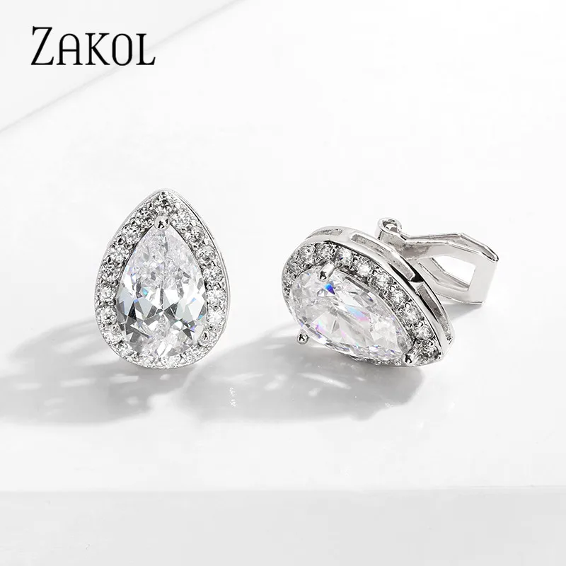 ZAKOL Fashion Water Drop Zircon Clip Earrings Without Piercing Puncture for Women Classic Bridal Wedding Jewelry Dropshipping