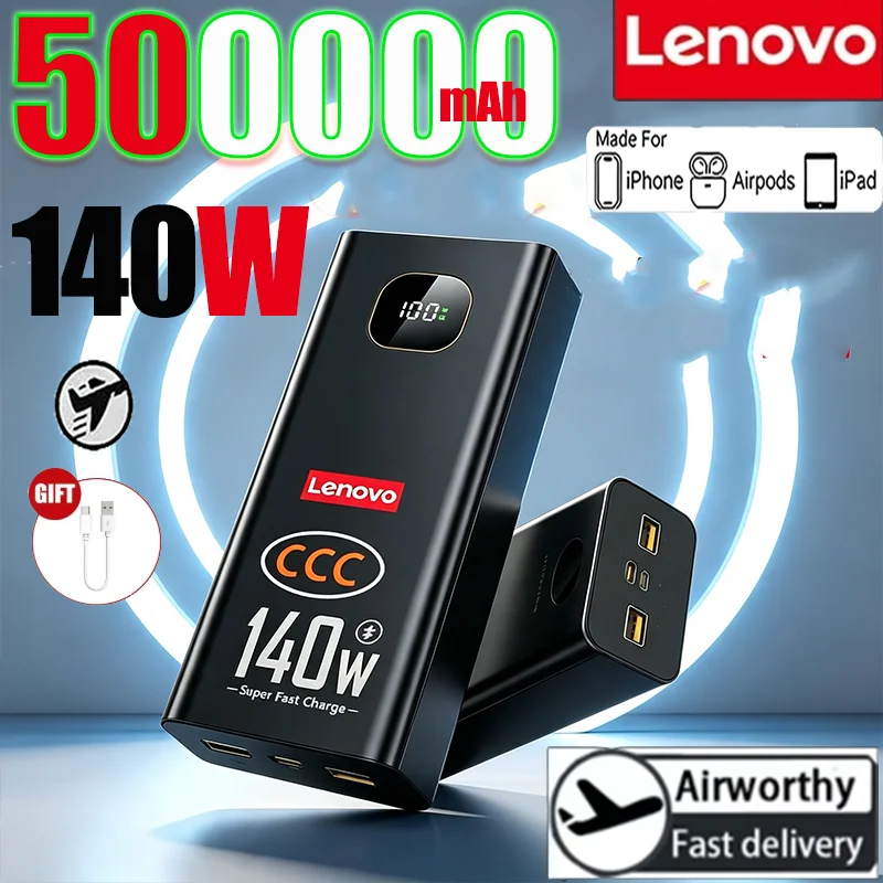 Batterie externe portable Lenovo 2027 500000mAh haute capacité 140W CCC, chargeur super rapide pour iPhone 17, Samsung, Xiaomi