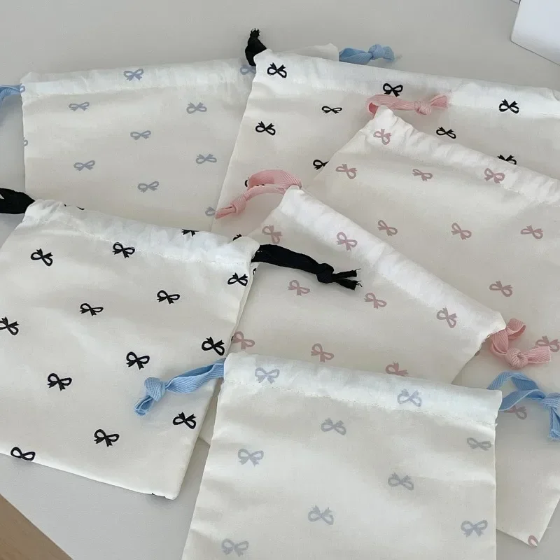 Coreano bonito arco impressão cordão saco de armazenamento menina portátil saco cosmético viagem organizador de maquiagem para mulheres bolsa bolsa
