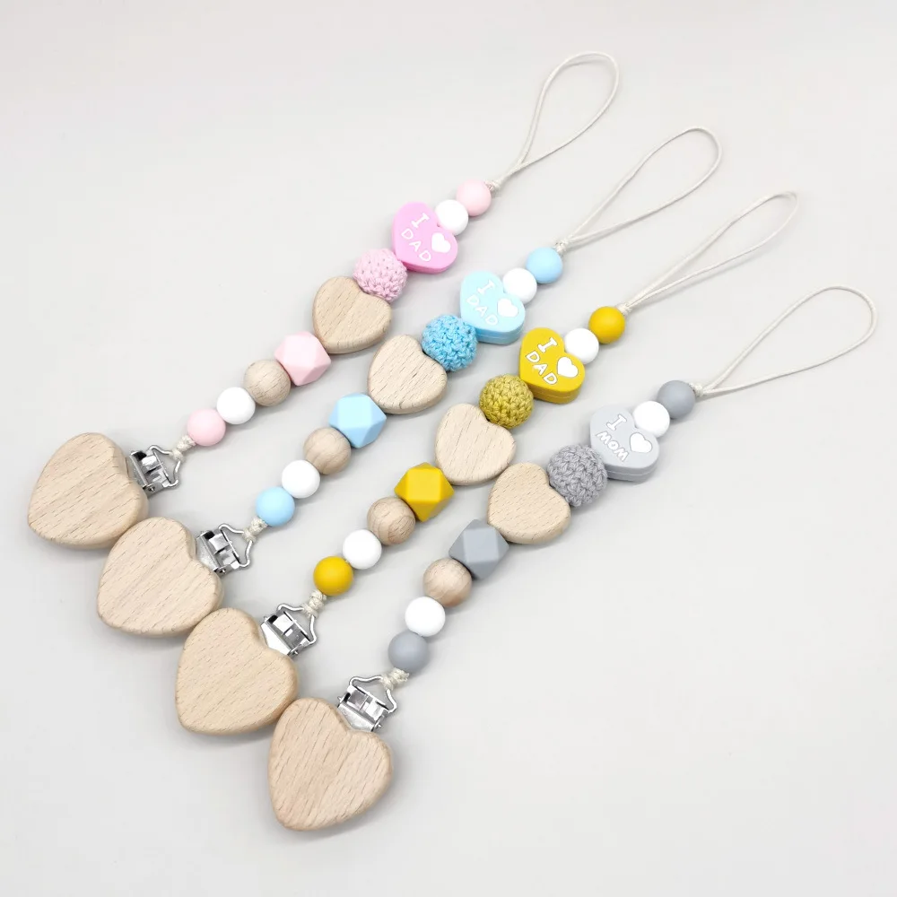 Mom Dad Teether Pendant Silicone Bead Baby Pacifier Clip Chain