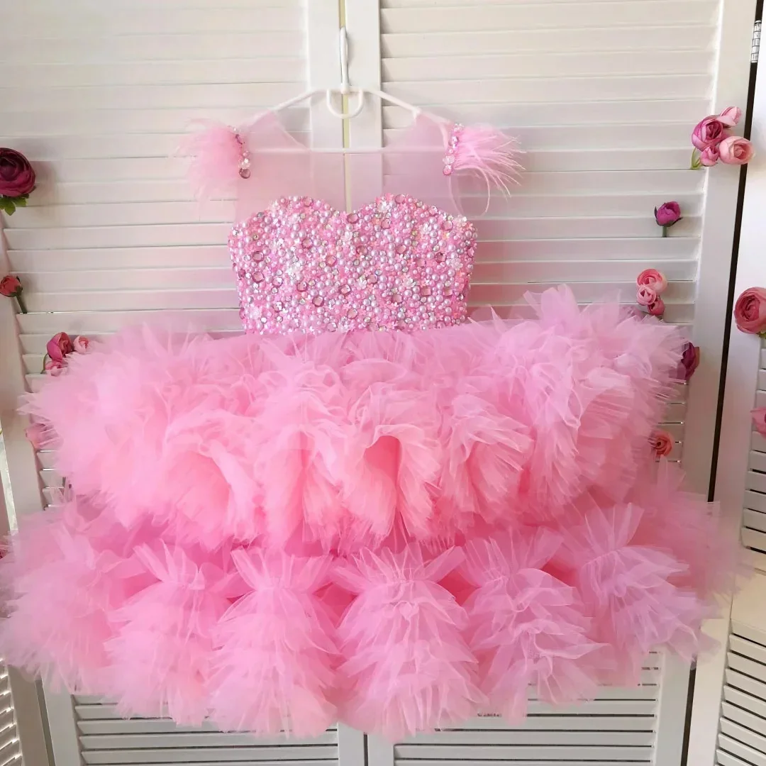 Custom Luxury Dress FlowerGirl Wedding Pageant Pink Rhinestone Ruffle Tulle Kids Luxe Birthday Guest Evening Runway Show Gown