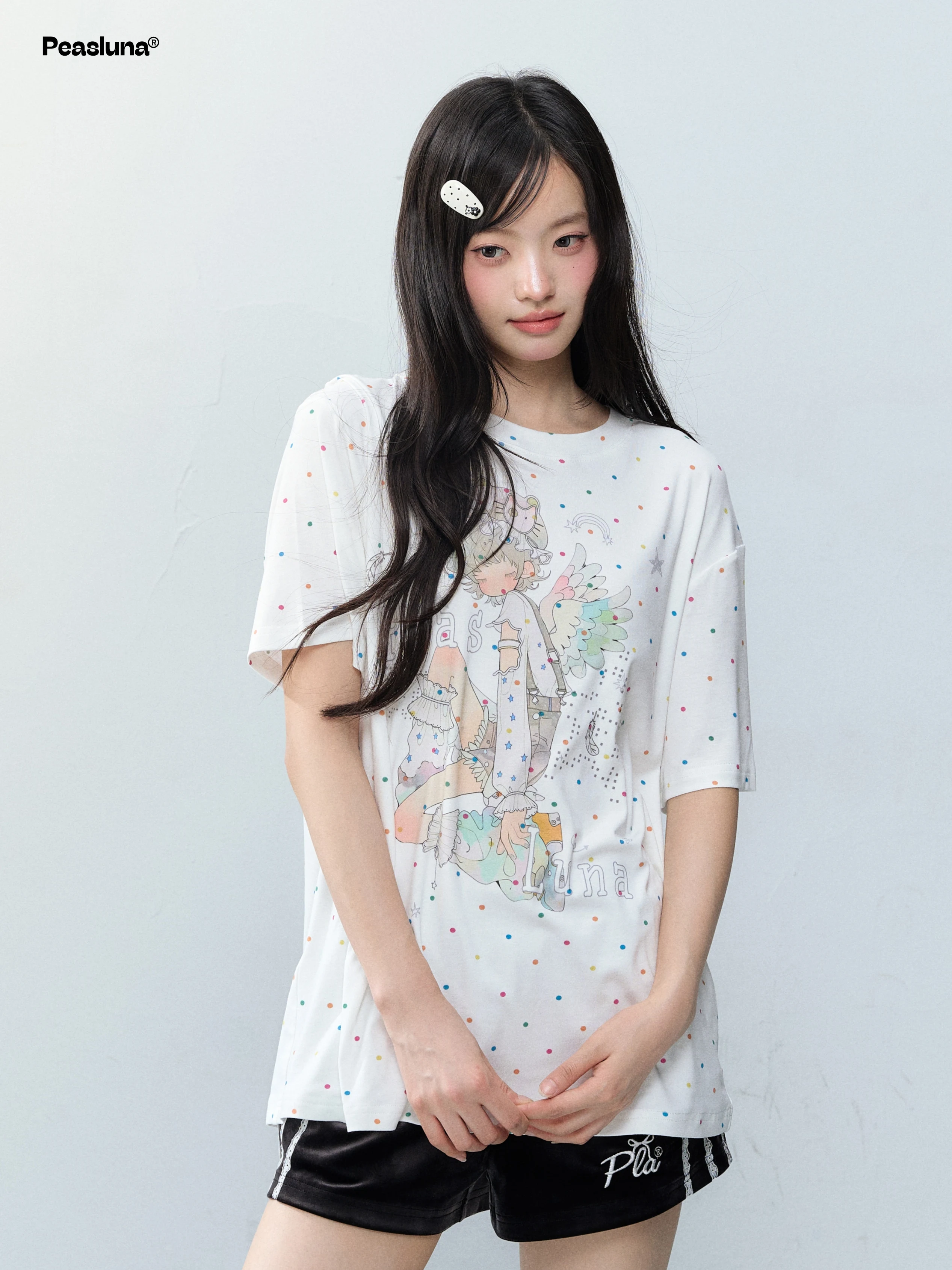 Peasluna Original Korean Style Rainbow Angel Dream Polka Dot Light Cotton Summer Short Sleeve T-Shirt Women Casual Loose Fit