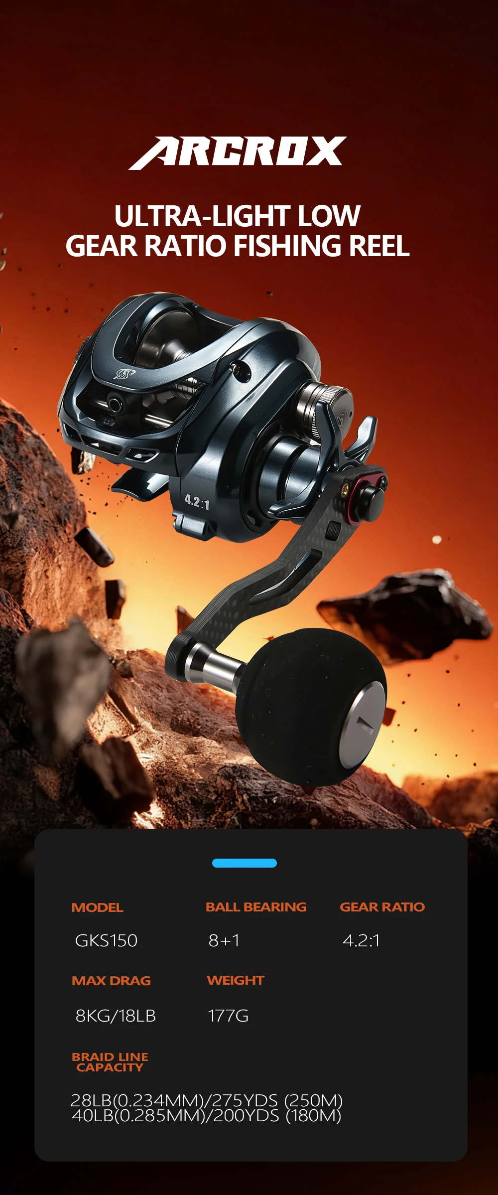 Soloking 4.2:1 Übersetzungsverhältnis Arcrox Salzwasser-Baitcasting-Rolle aus Carbon, 8 kg maximale Bremskraft, 8+1 Kugellager, Octopus-Rollen – Detail 1