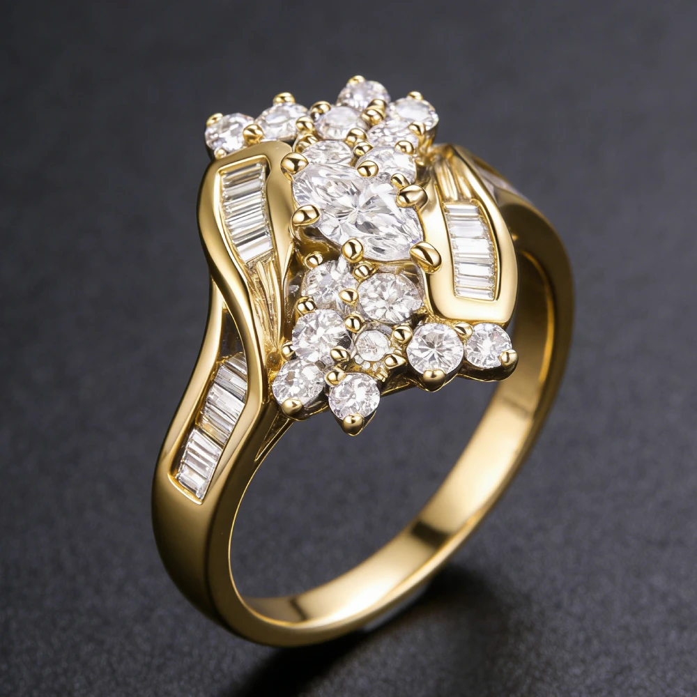 Huitan Goldfarbener Ring für Damen mit funkelndem Zirkonia, geometrisches Design, Party-Accessoires, ausgefallener Luxusschmuck für Damen