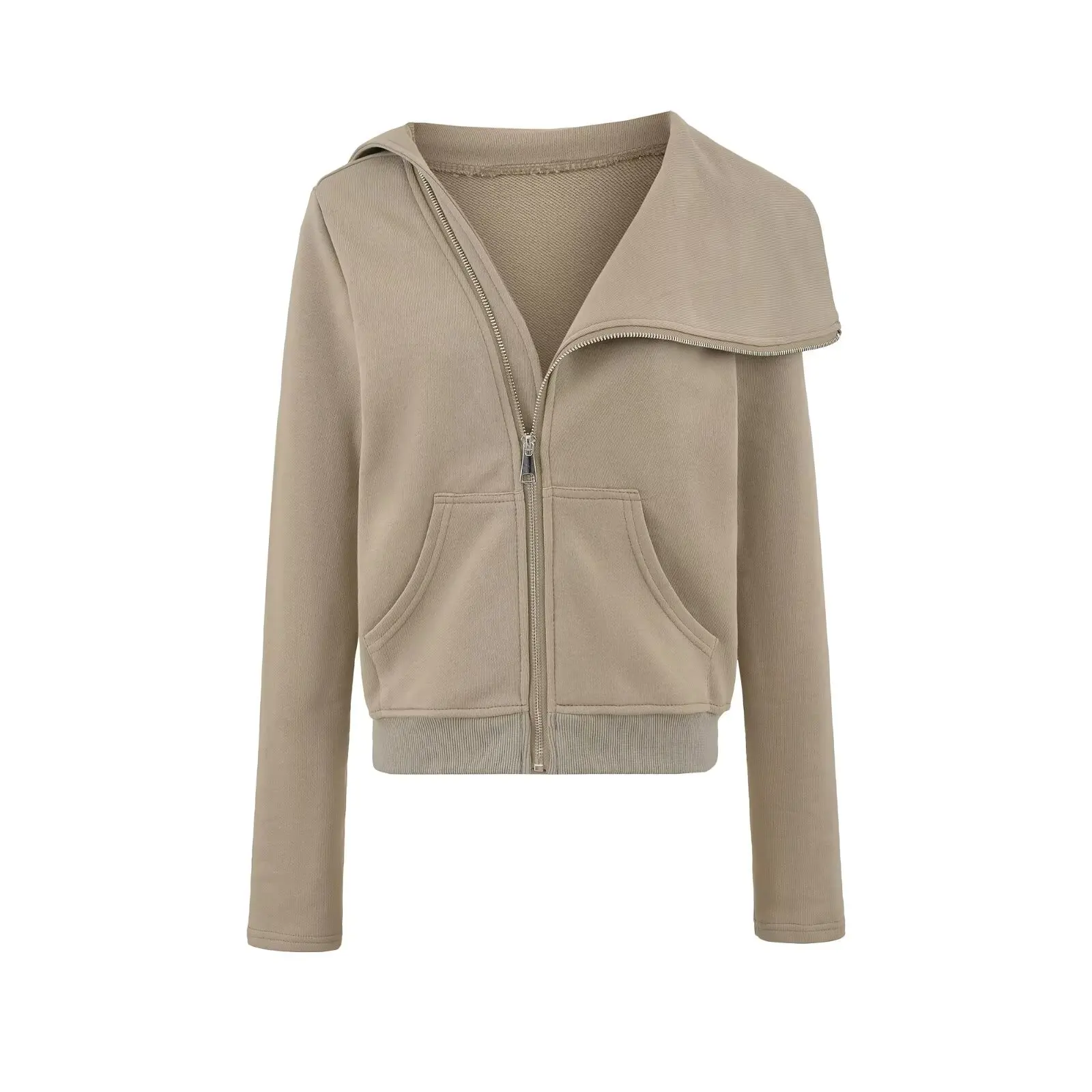 Bluza z kapturem na zamek, nieregularny krój, dopasowany kardigan damski, długi rękaw, bawełniana bluza dresowa, modna na dojazdy do pracy.