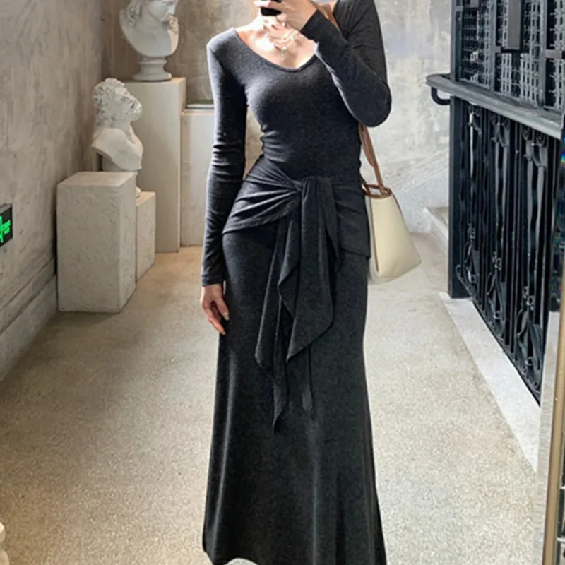 

New U-Neck Long Sleeved Casaul Fashion Style Dress For Women Autumn Tie Slim Waist Slimming Solid Color Long Dress Elegant P5B1