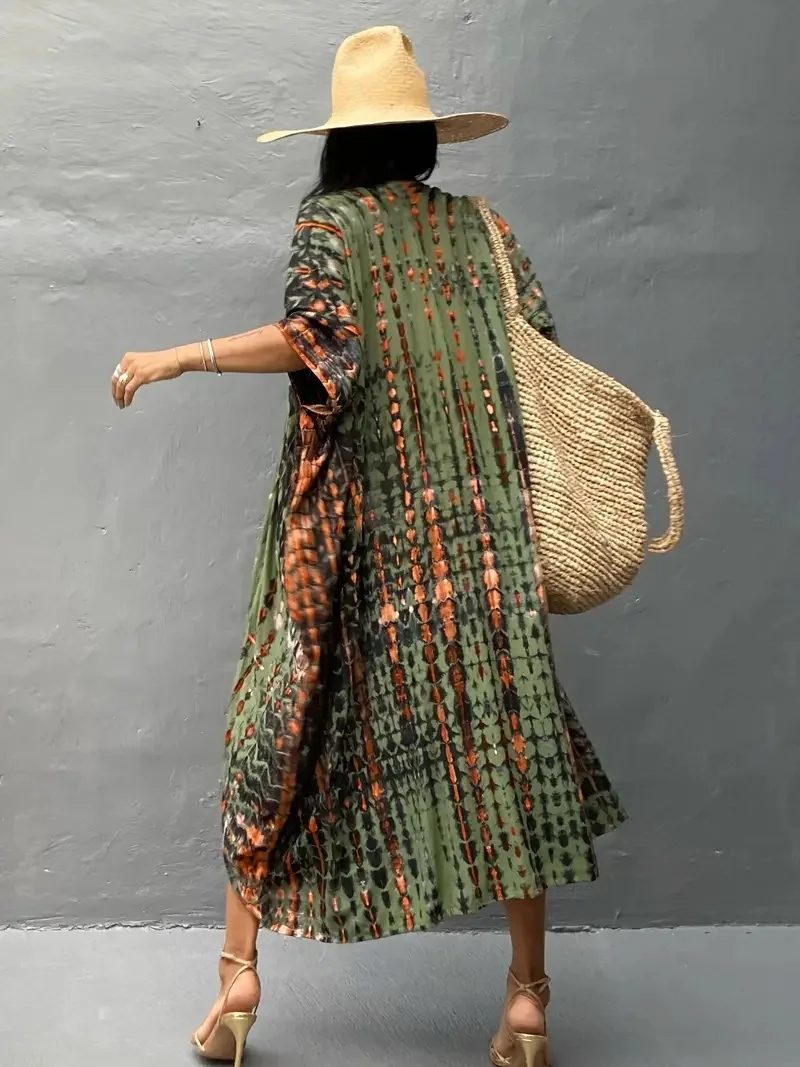 الصيف خمر كيمونو ملابس السباحة هالة الصباغة الشاطئ التستر مع الزنانير المتضخم سترة طويلة عطلة مثير يغطي