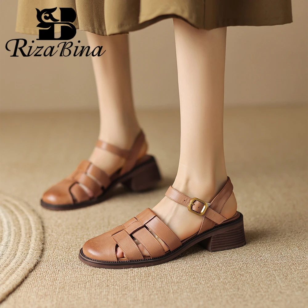 

RIZABINA Women's Summer Sandals Genuine Leather Roman Buckle Strap Mixed Color Flats Female Retro Office Casual Pumps Handmade