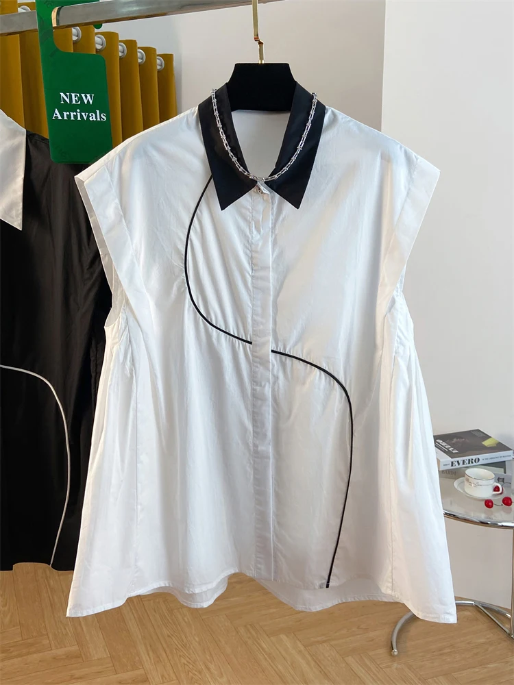 

2025 Summer New Office Lady Sleeveless Shirt Women's French White Loose Casual Large Cotton POLO Collar Top C99