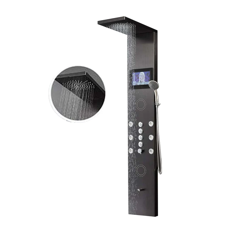 Stainless Steel LED Rainfall & Waterfall Head Massage Jets Tub Spout Handheld Shower Panel Tower Column System