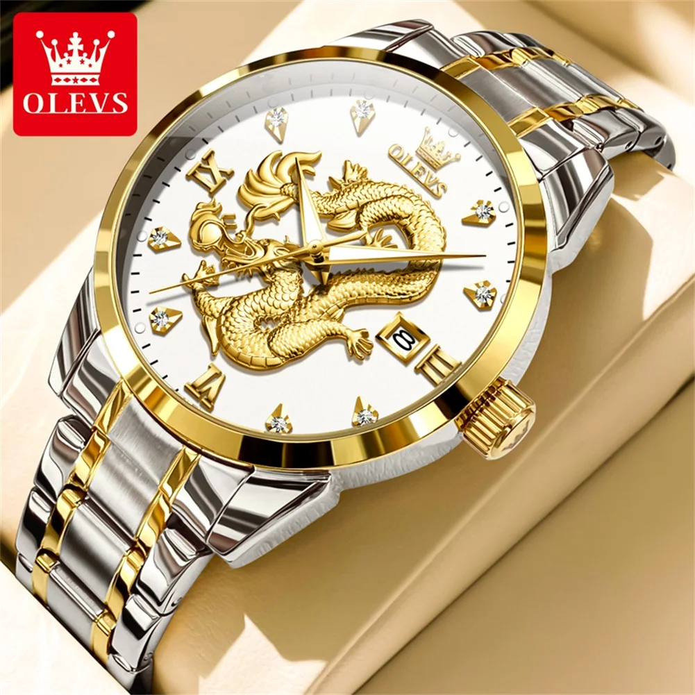 OLEVS-reloj de cuarzo con correa de acero inoxidable para hombre, cronógrafo de lujo, resistente al agua, con diseño de dragón, Original, novedad