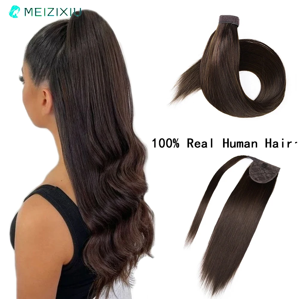 Ponytail In Hair Extensions Chocolate Brown 100% Real Hair PonyTail In Human Hair Extensions For Women Magic Wrap Around 22 Inch