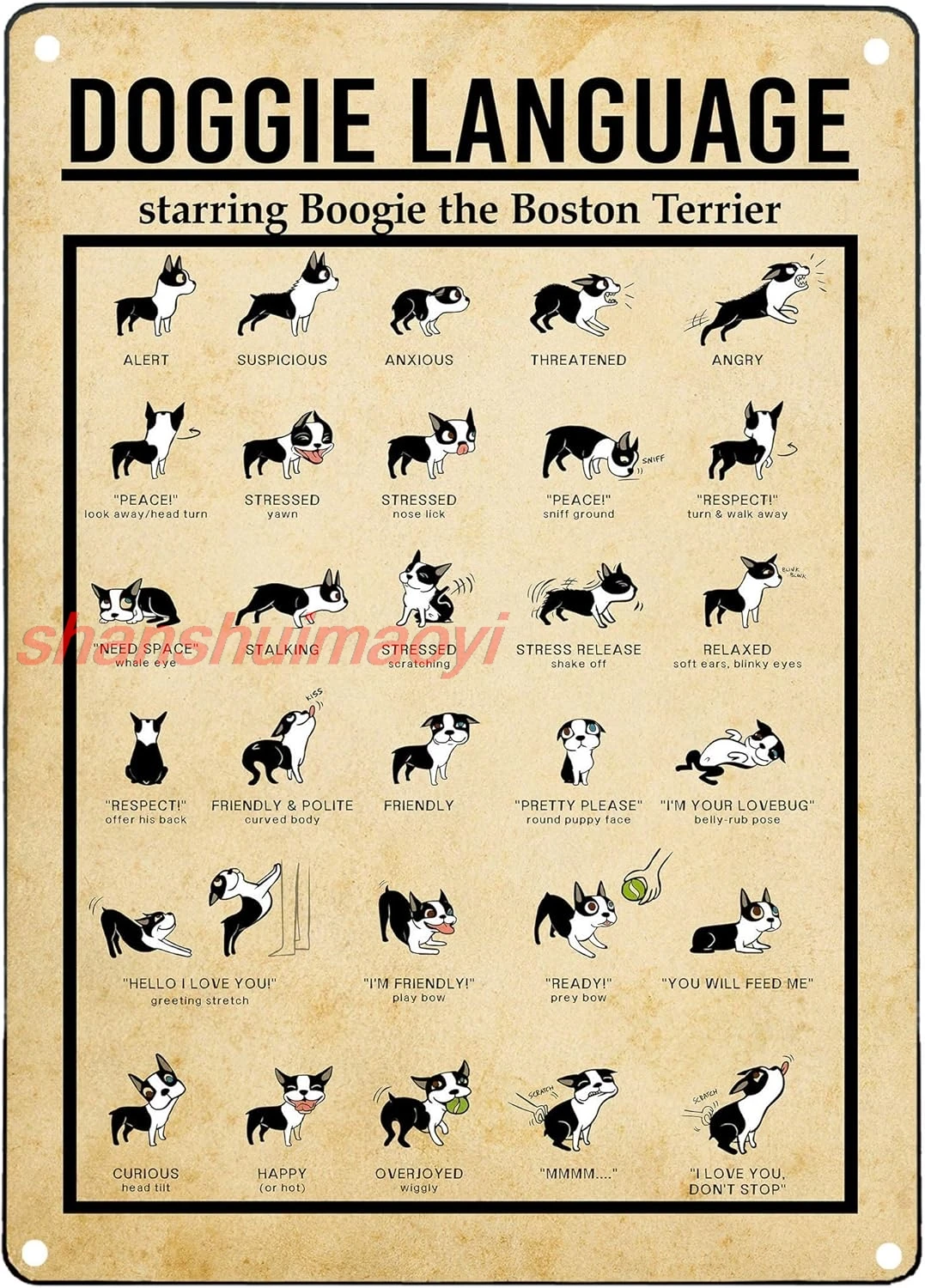 Doggie Language Knowledge Vintage Metal tin Sign Art Plaque Wall Decor Look Funny Gifts for Home Kitchen Garage Bathroom Fa sign