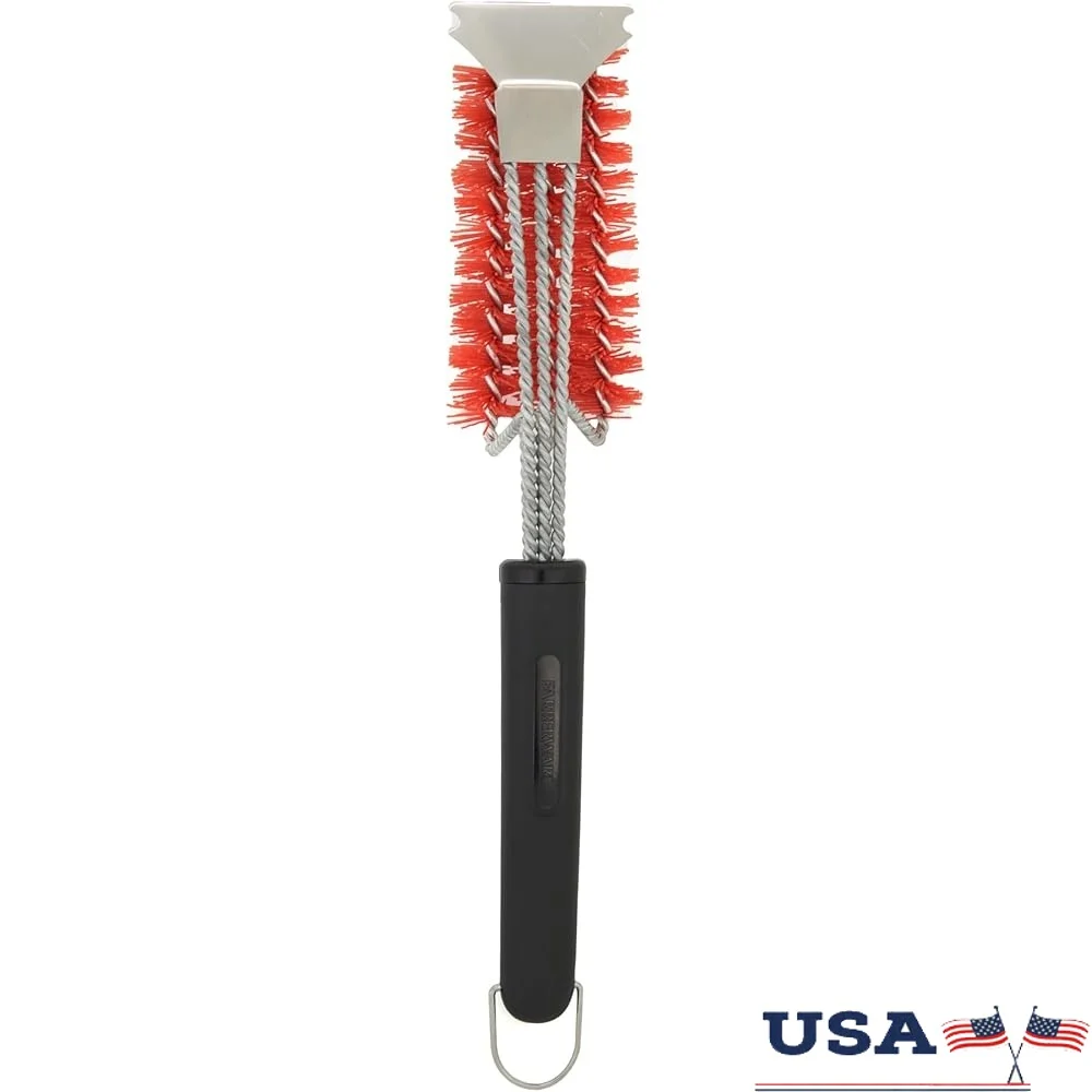 

BBQ Triple Nylon Head Grill Brush 360-Degree Spiral Bristles Durable Stainless Steel Scraper Dishwasher Safe Long Handle Easy
