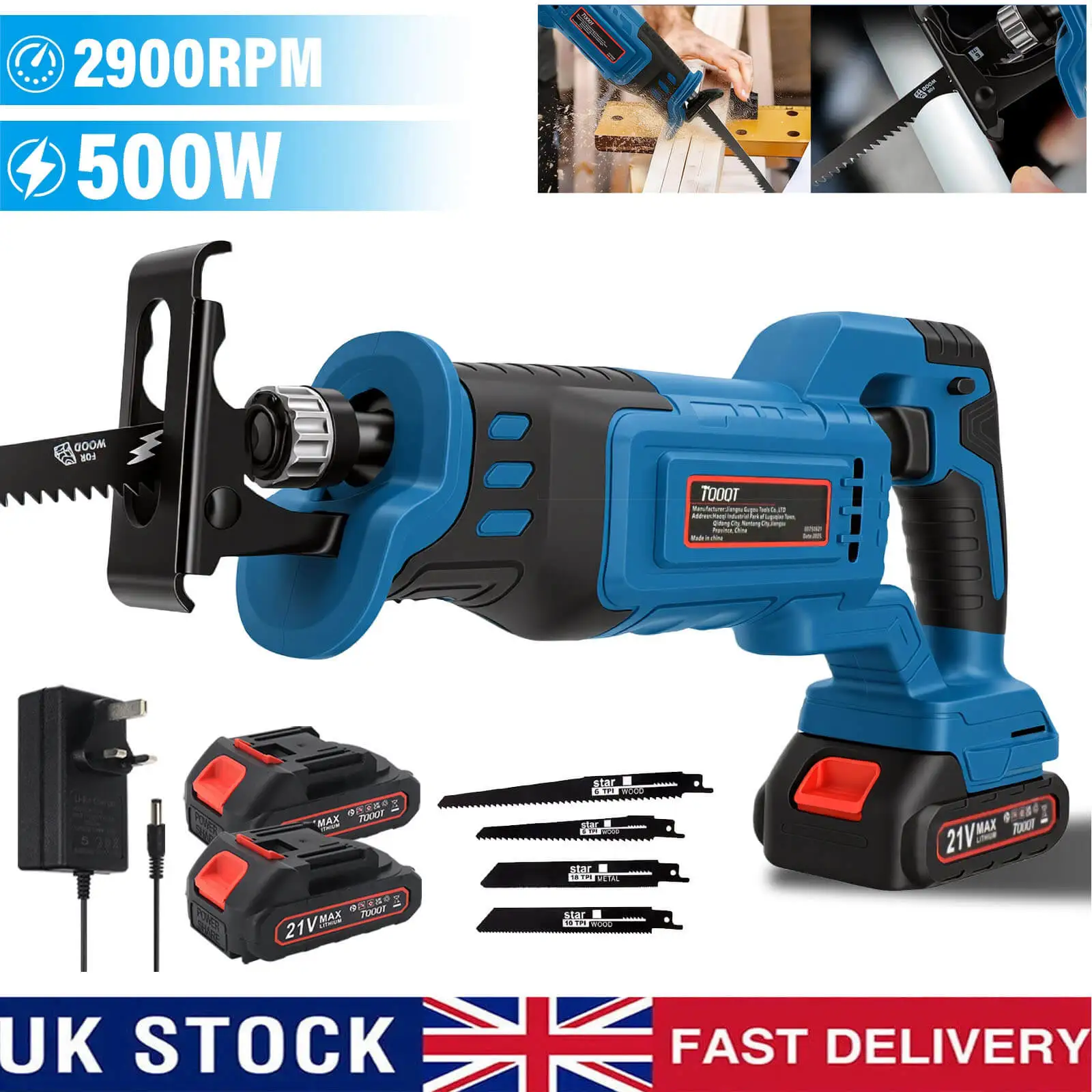Cordless Brushless Reciprocating Saw Electric Outside Saber Cutting Power Tool with 2 X Rechargeable Batteries
