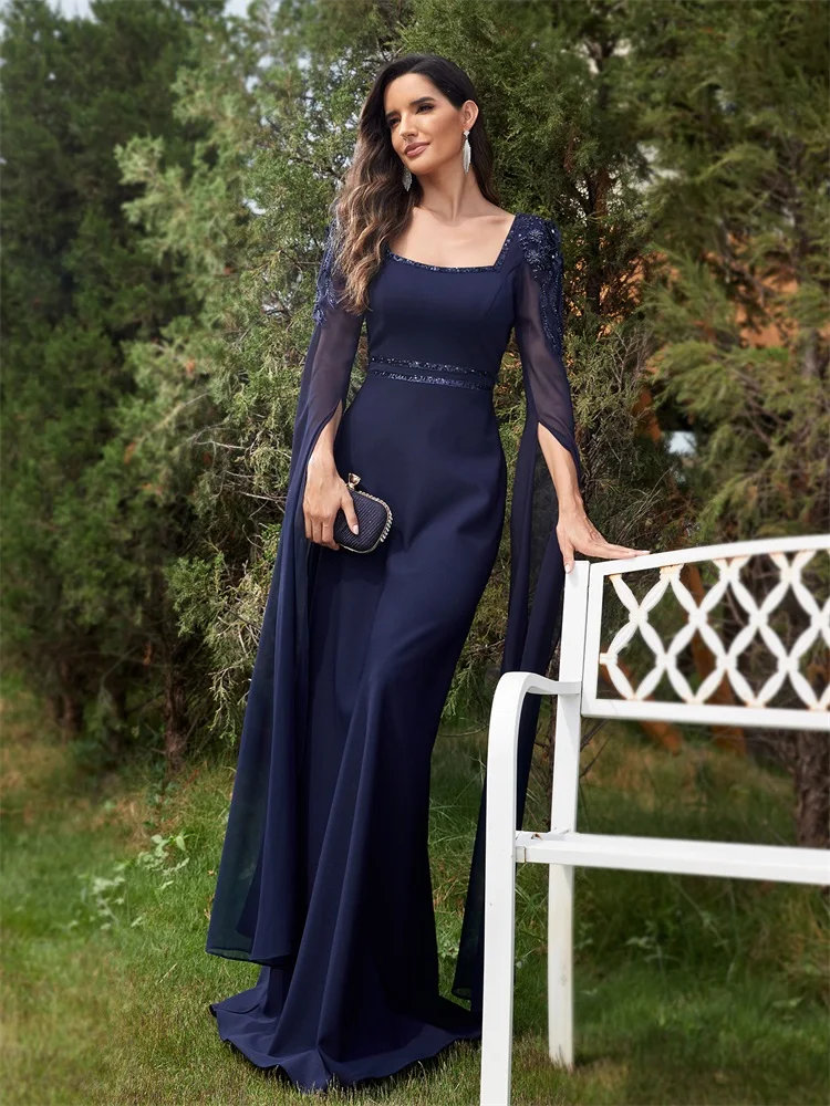 Lucyinlove Luxe Chiffon Lange Mouwen Navy Avondjurk Lange 2024 Elegante Jurk Trouwfeest Prom Arabia Cocktailjurk Jurk