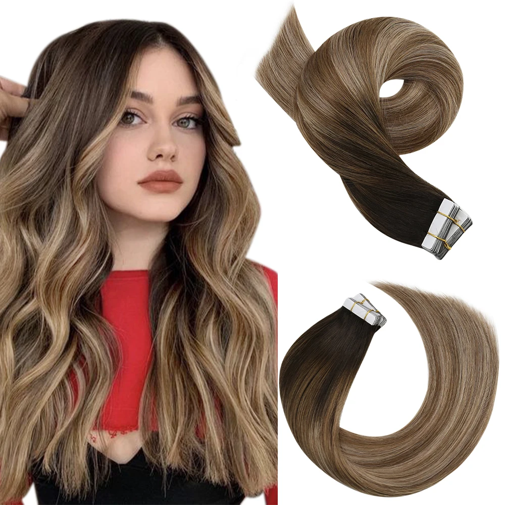 Moresoo Tape in Extensions Echthaar verlängerungen Balayage Ombre braun verwurzelt Tape in Haar verlängerungen Echthaar Echt brasilia nisch