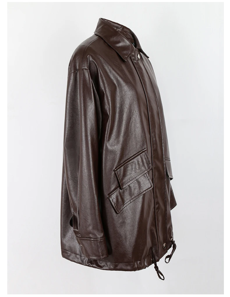 Lautaro Spring Autumn Oversized Casual Waterproof Black Soft Pu Leather Jacket Women with Drop Shoulder Long Sleeve Fashion 2022