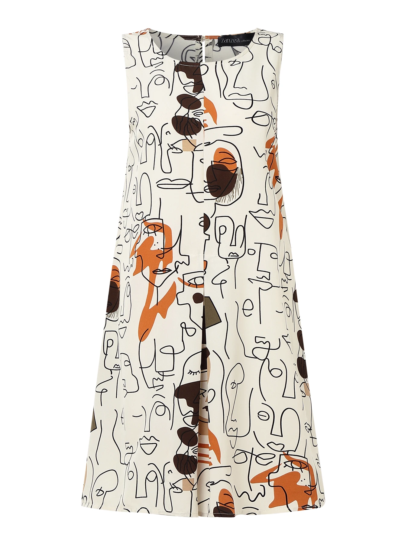 

ZANZEA мини-платья с абстрактным принтом лица, женские летние платья без рукавов с круглым вырезом, лето 202, повседневные короткие платья с перевернутой складкой, Vestidos