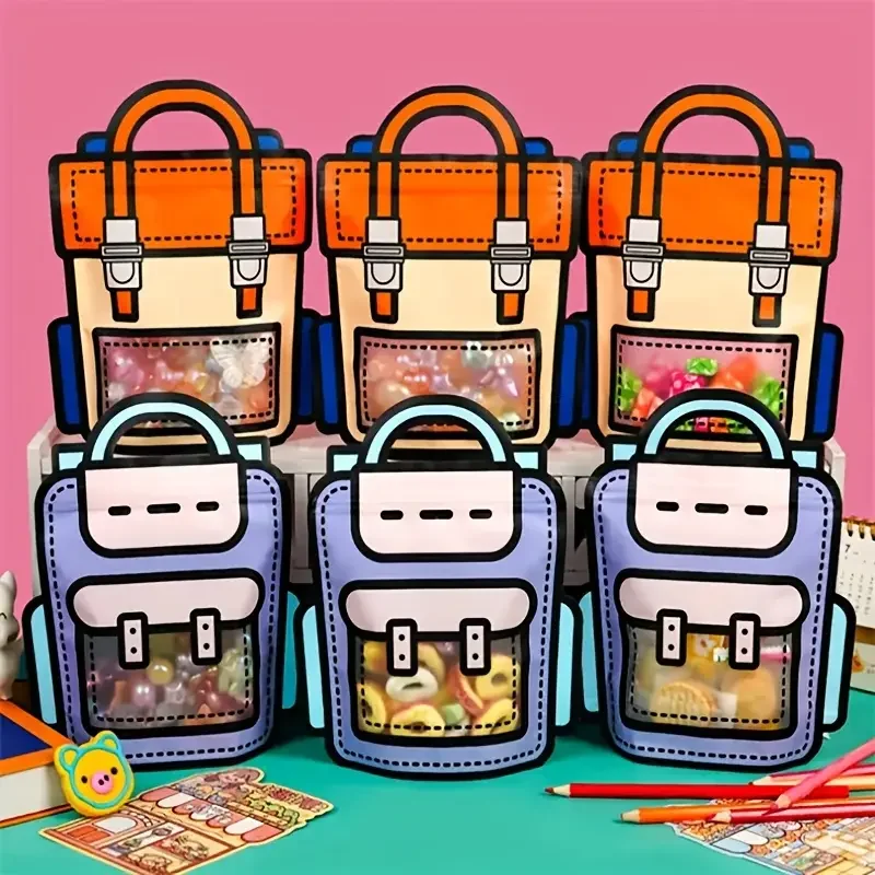 10pcs Creative School Bags Shape Cookie Candy Plastic Zipper Bags, Snack Packaging For Birthday Graduation Party Present Handbag