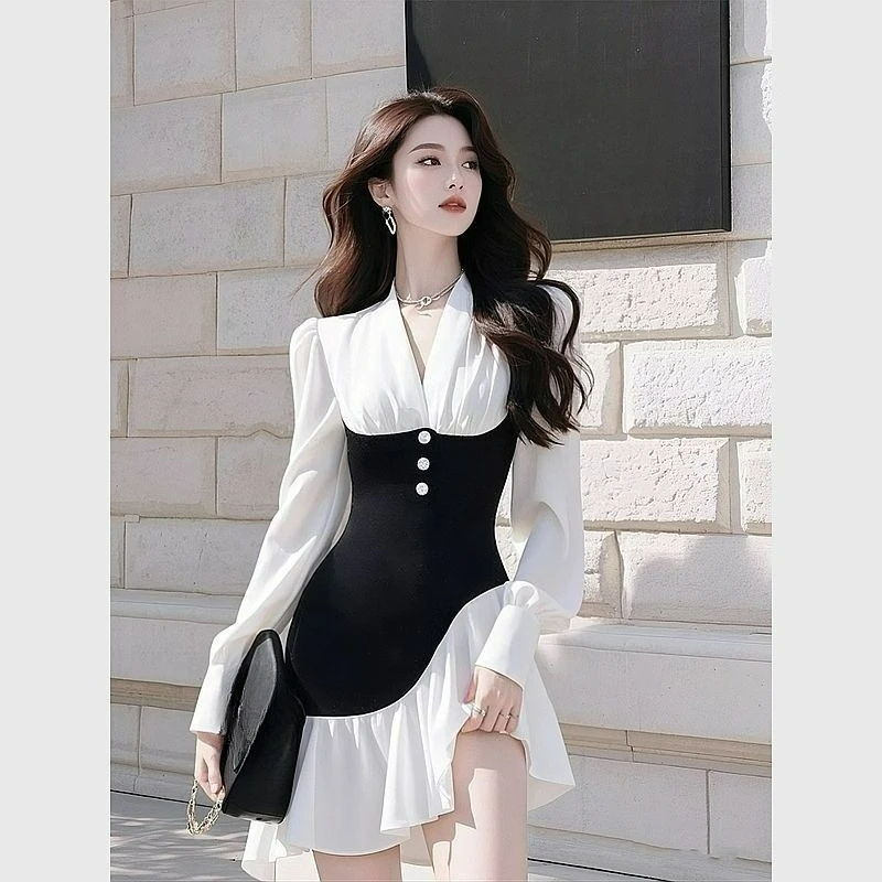 New Foreign Style Large Size Age-reducing Splicing Sister Thin Shirt Meat Cover Dress Temperament Women's Clothing Niche  Fresh