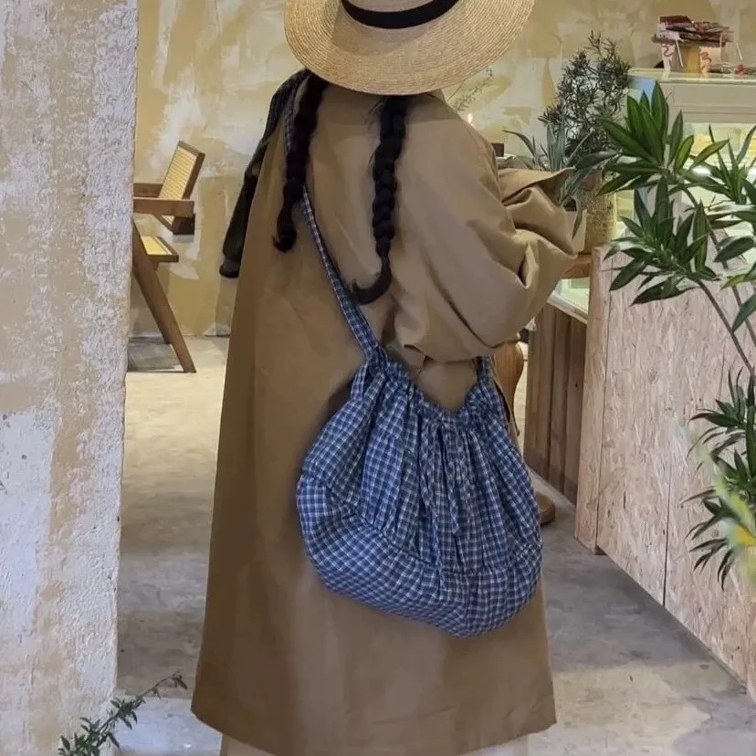Summer New Korean Style Retro Checkered Drawstring Pleated Crossbody Bag Large Capacity Single Shoulder Tote Bag Sweet Style Bag