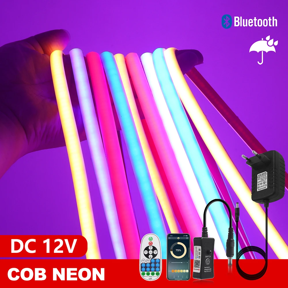 

Bluetooth COB LED Neon Strip Light IP68 Waterproof 12V 23Key Remote Control Dimmer EU US UK AU Power Kit Home Decor Tape 320LED