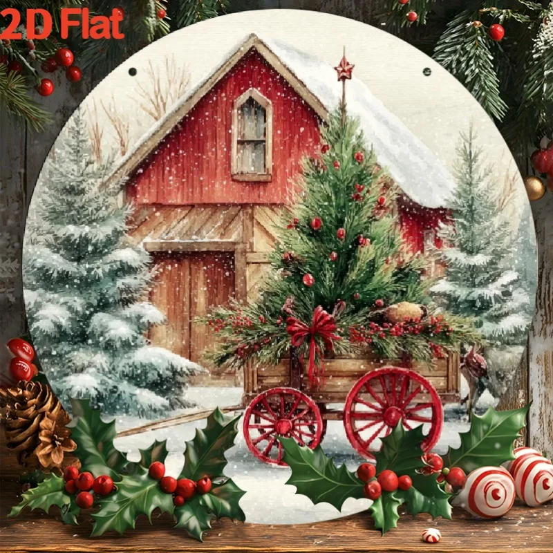 Vintage 2D Christmas Tree & Barn Metal Sign - Red Barn Winter Scene with Snowy Trees for Farmhouse Indoor Outdoor Decor