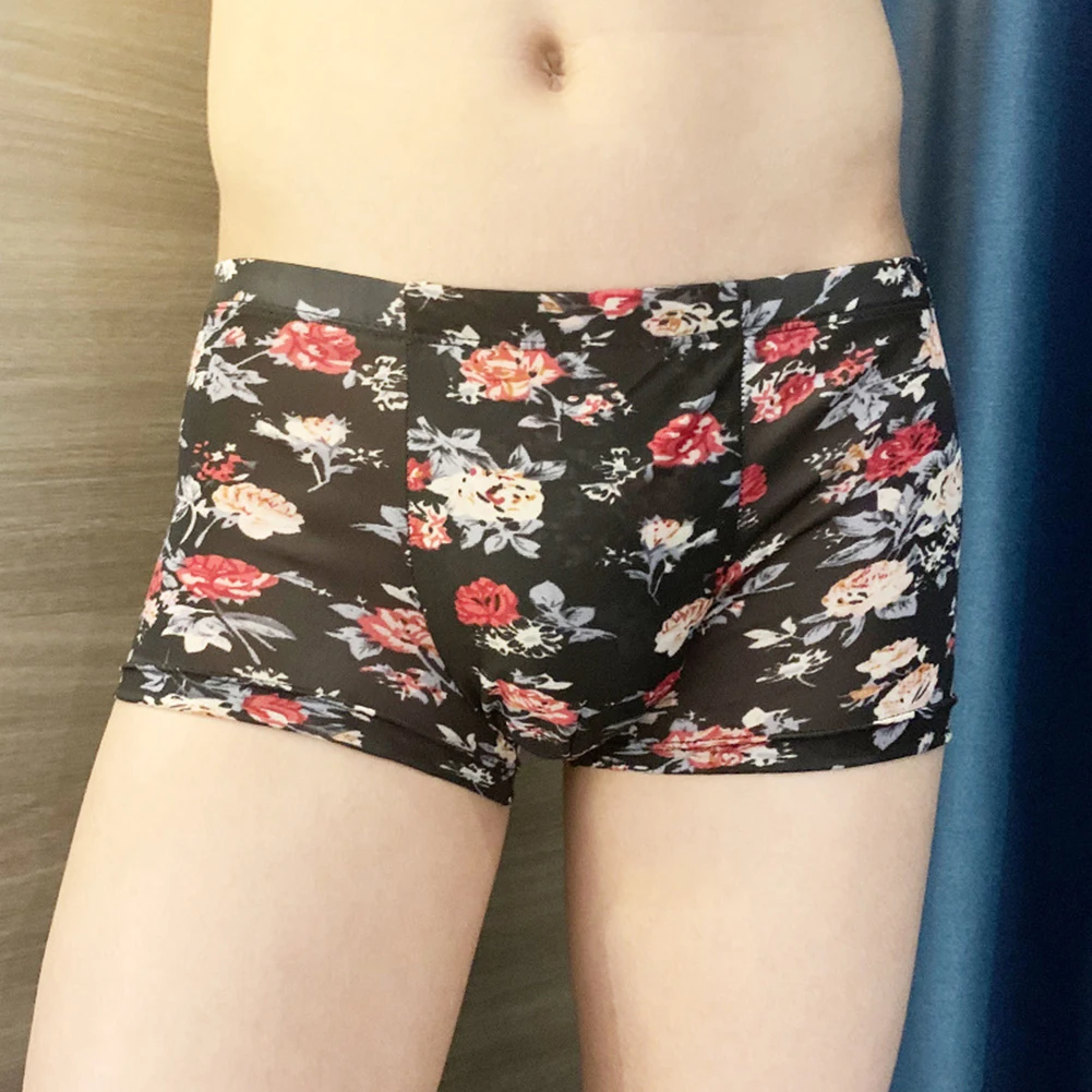 Calzoncillos Boxer para hombre, ropa interior cómoda de verano e invierno con estampado de bolsa de seda helada, pantalones cortos sexis sin costuras de secado rápido
