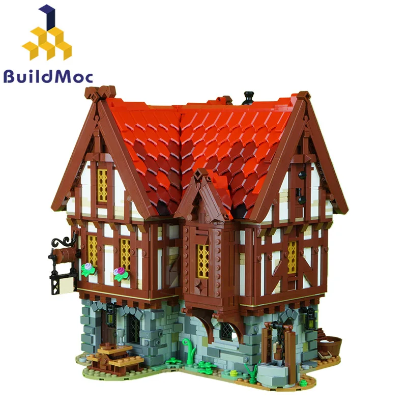 

BuildMoc The Medieval Tavern Building Blocks Set Market Village House Blacksmith Shop Architecture Bricks Toys For Children Gift