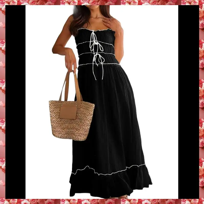 Womens 2025 Summer Dress Casual Sleeveless Spaghetti Strap RIC Rac Trim Smocked Ruffle Beach Long Maxi Dress