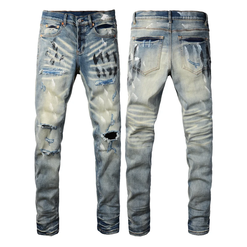 

Men's Ripped Jeans High Street Retro Washed Do Old Graffiti Print Stretch Slim Denim Straight Trousers 2025 New Jeans