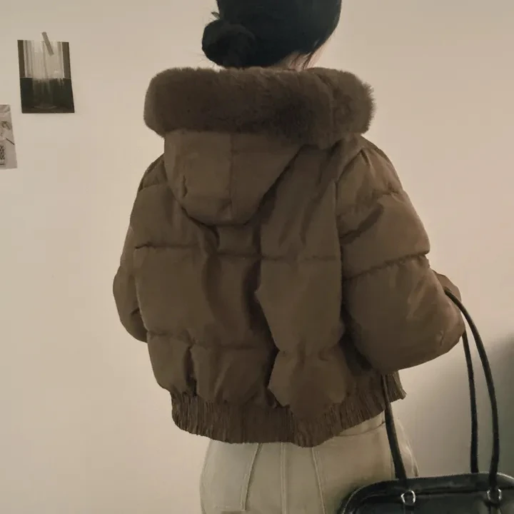 New Winter Warm Hooded Down Cotton Jacket Women Thickened Fleece Lining Big Fur Collar Long Sleeve Short Parkas Jacket Coat