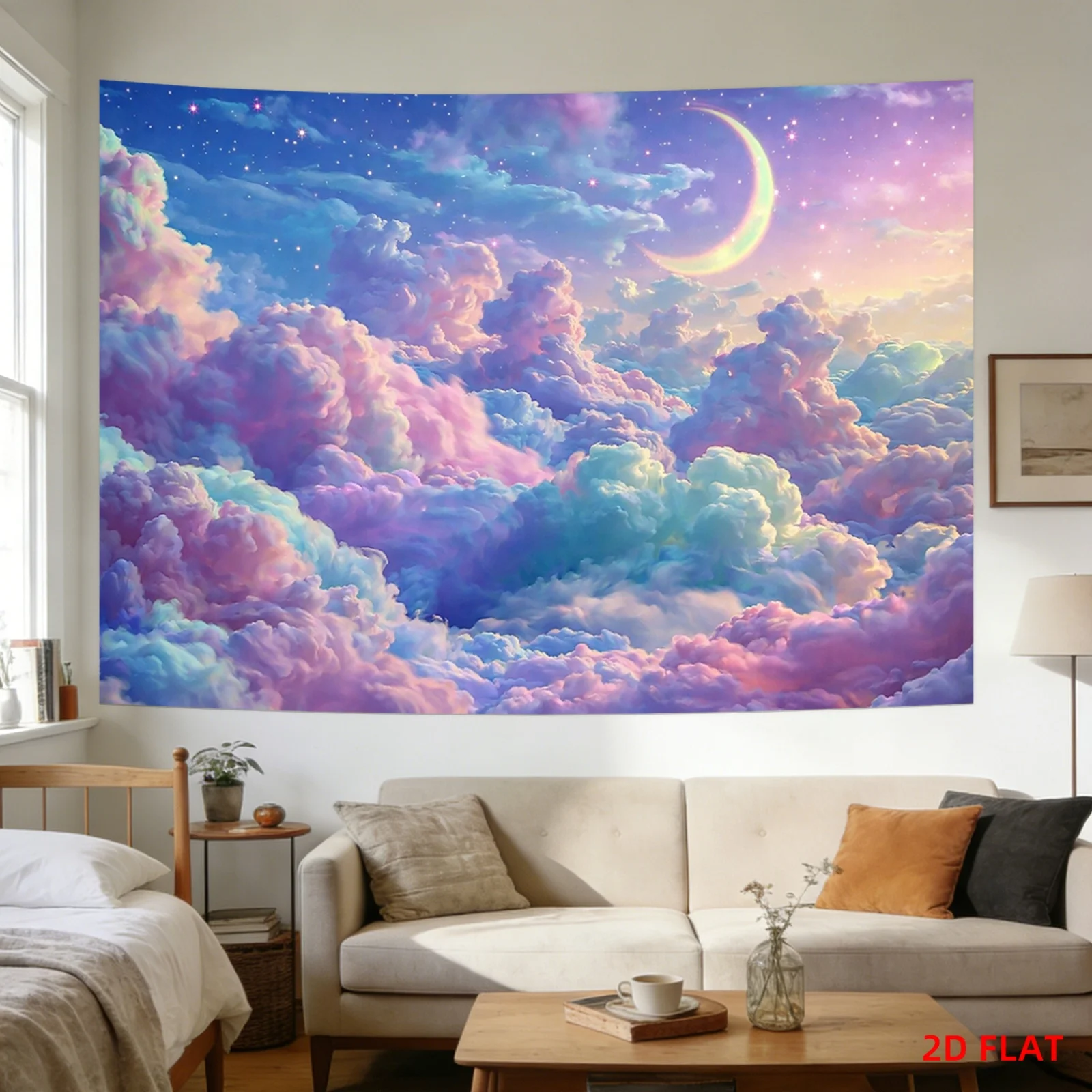 Dreamy Cloud Sky Tapestry Wall Hanging Abstract Cosmic Moon Mural Art for Bedroom Living Room Celestial Nursery Decor