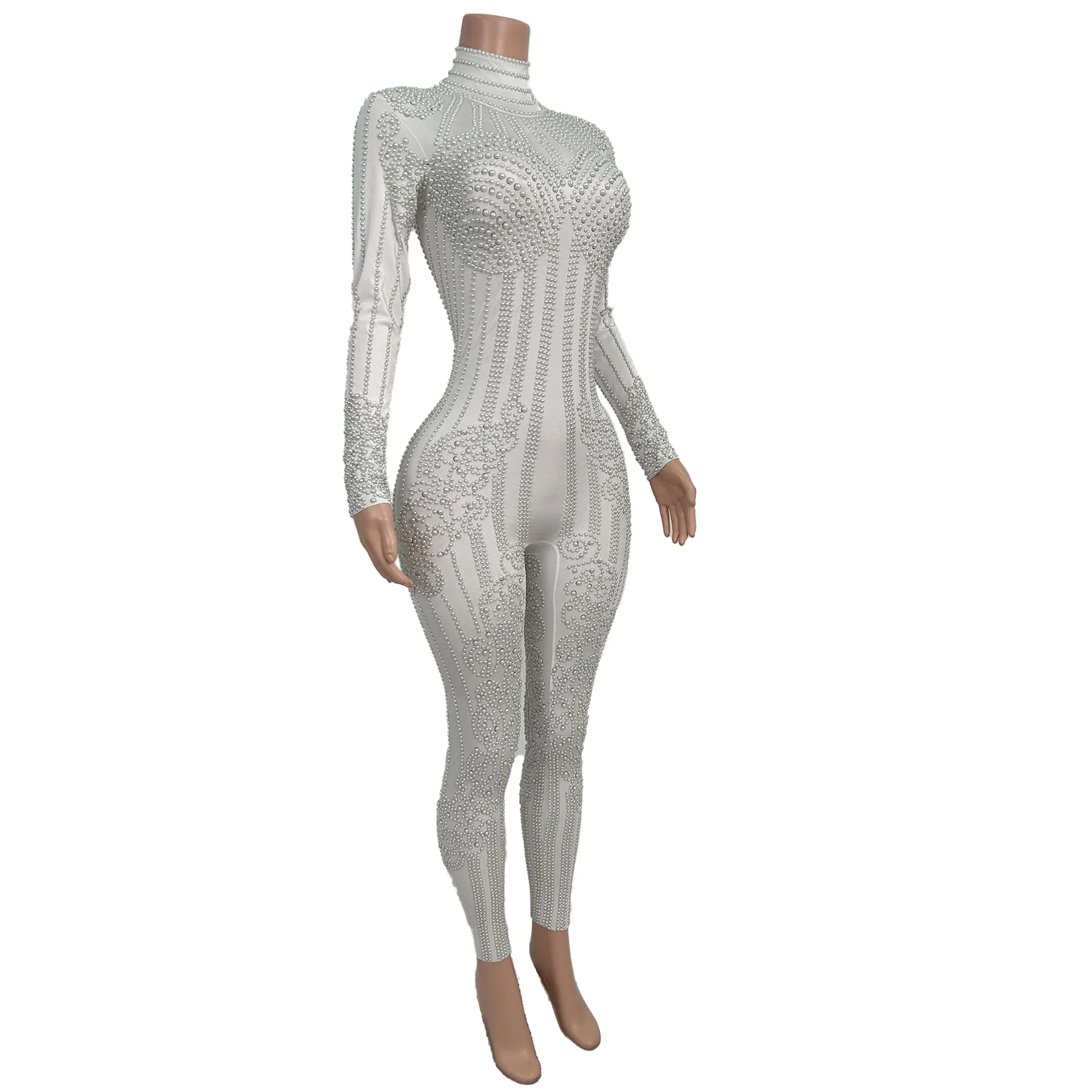 White Pearls Dance Sexy Stretchy AWear Club gig Singer Stage Rompers Sparkly Tight Fitting Jumpsuit Gloves Women Costume Baigua