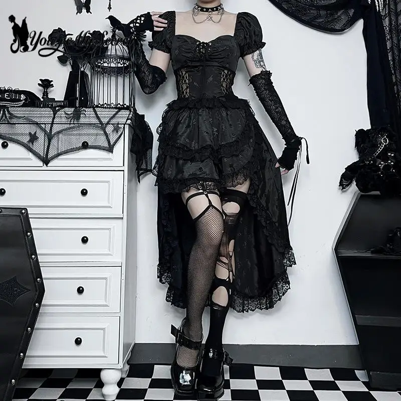 

[You're My Secret] Gothic Women Dress High Low Swing Asymmetric Vintage Goth Black Lace Sexy Elastic Pleated Bodycon Dress Suit