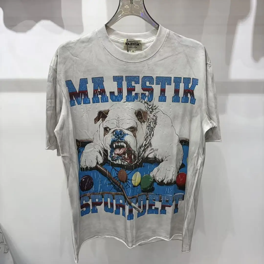 Men's Vintage Washed White T-shirt MAJESTIK Sport Dept Bulldog Graphic Rhinestone Print Streetwear Oversized Short Sleeve Tee