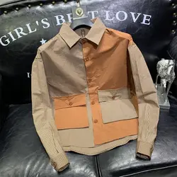 Men's Simple Long Sleeved Shirt with Color Blocking Trendy and Handsome High-end Outerwear Patchwork Slim Fit Top Jacket