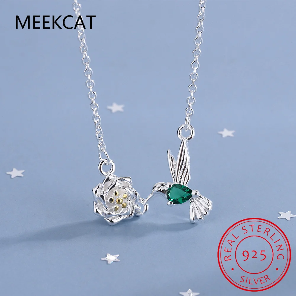 925 Sterling Silver Creative Crystal Bird Flower Pendant Necklace Colar Prata For Women Vintage Jewelry Girl Gift New FQL21577