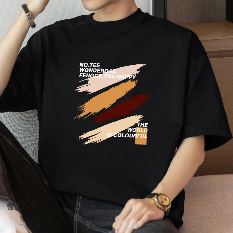 Heavyweight Cotton T-Shirt Men's Short Sleeve Printed Loose Fit round Neck Breathable Casual Cotton Polyester Blend Summer Top image 2
