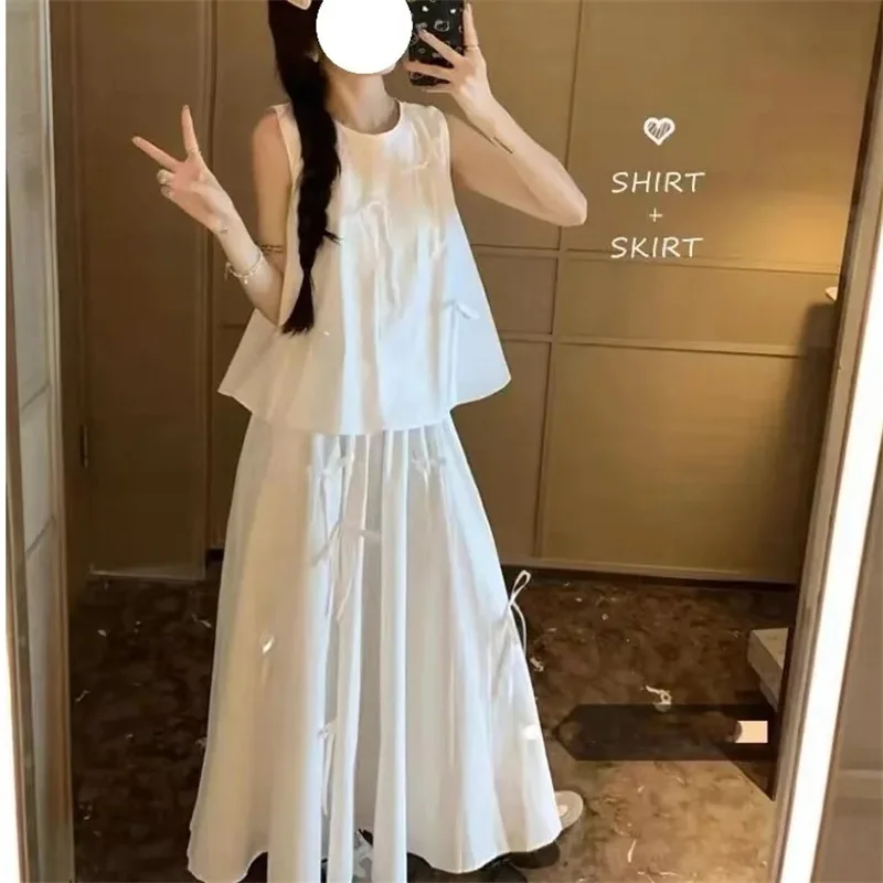 Sweetly Women's Summer Suits Design Three-Dimensional Bow With Loose White Sleeveless Shirt And High Waisted Skirt Two Piece Set