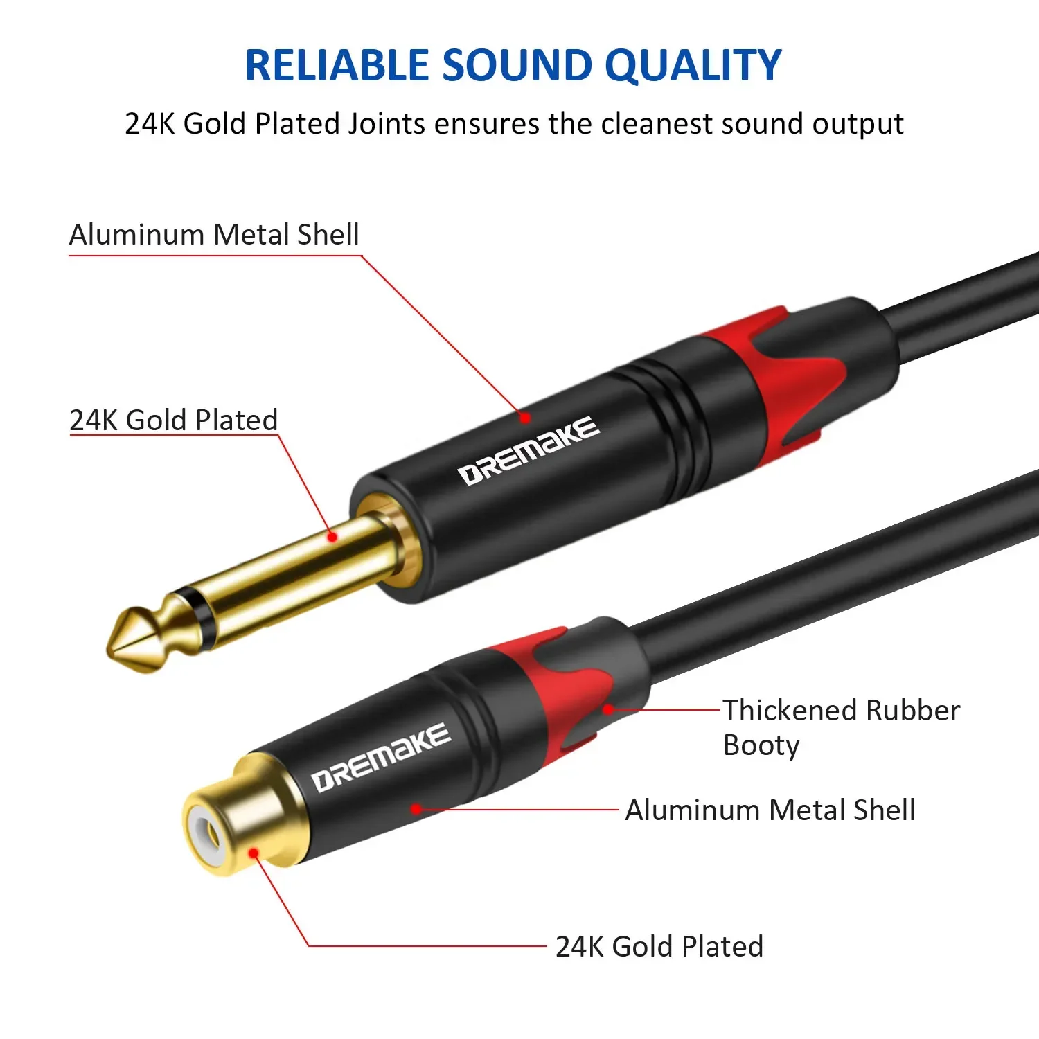 DREMAKE Audio Cable TS do RCA 6.35mm 1/4 Cal męski na RCA żeńskie (męskie) kable do gitary elektrycznej elektroniczne lub bębnowe pozłacane