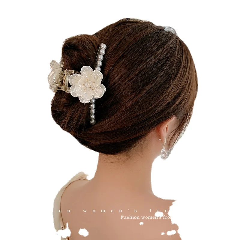 Yy Camellia Grip Back Head New High-End Shark Clip Pearl Hair Accessories