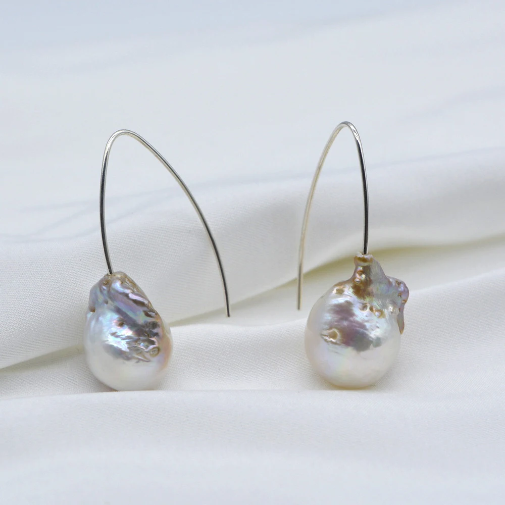 Boucles d'oreilles longues en argent regardé 925 pour femmes, boucles d'oreilles pendantes en perles baroques naturelles, bijoux de style simple