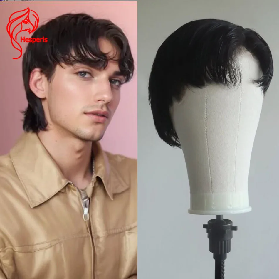 Hesperis Mullet Cut Human Hair Wigs With Bang Short Shaved Side Full Lace Wig For Man Middle Part Male Wig For Boy Remy Hair