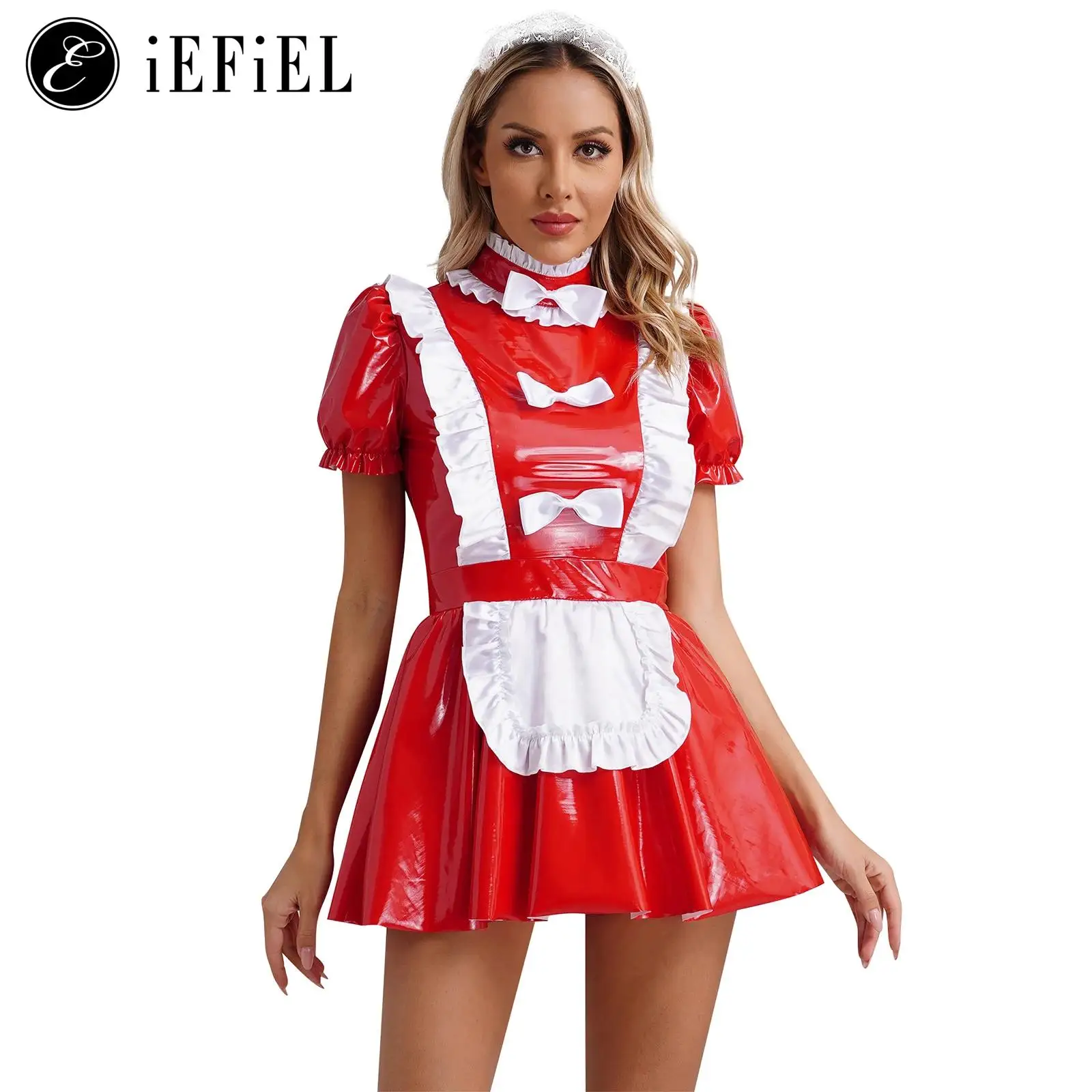 

Sexy French Maid Lady Costume Sweet Maidservant Shiny PVC Leather Ruffles Lace Apron Dress Halloween Party Cosplay Dress Up