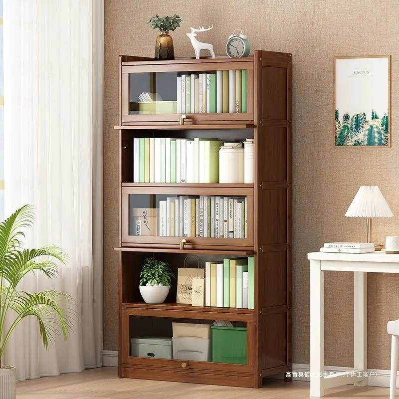 Modern Bamboo Bookshelf Storage Cabinet with Flip Doors 4/5/6 Tier Bookcase for Living Room Bedroom Office image 5