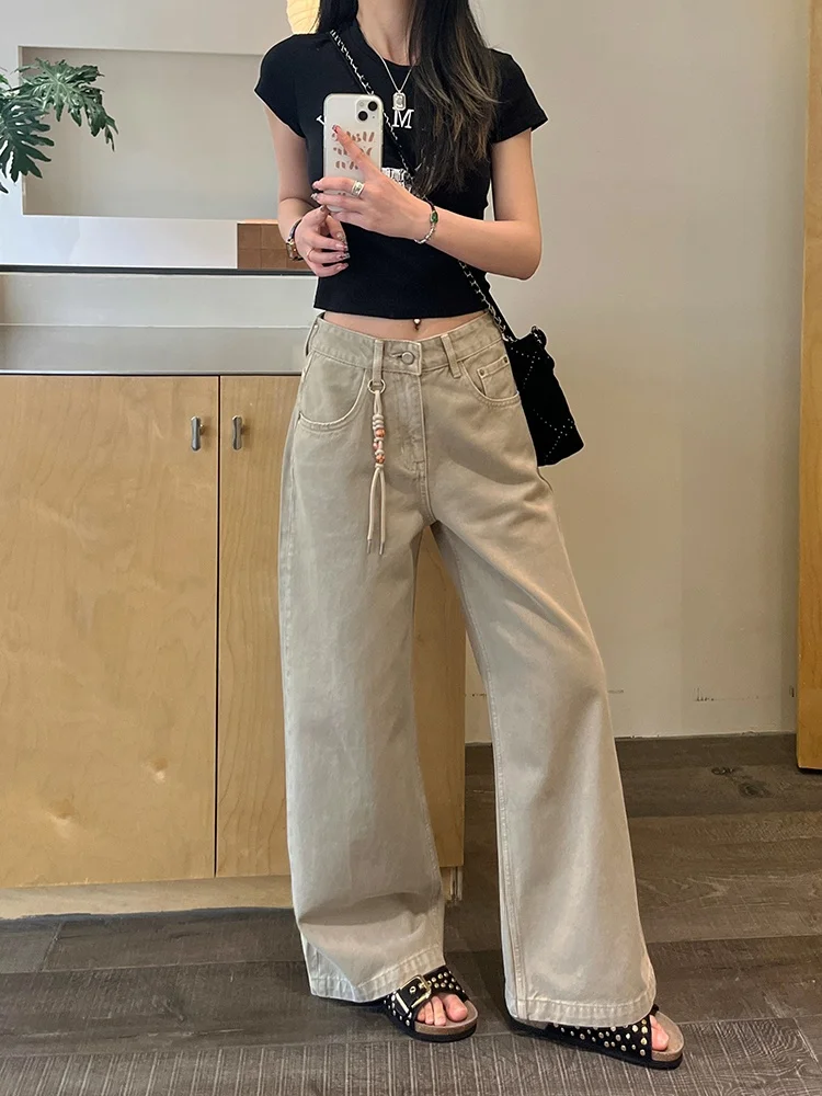 

High Waist Straight Leg Denim Jeans Women's Spring New Sle Milk Tea Color No Stretch Slimming Wide Leg Pants Casual Commute