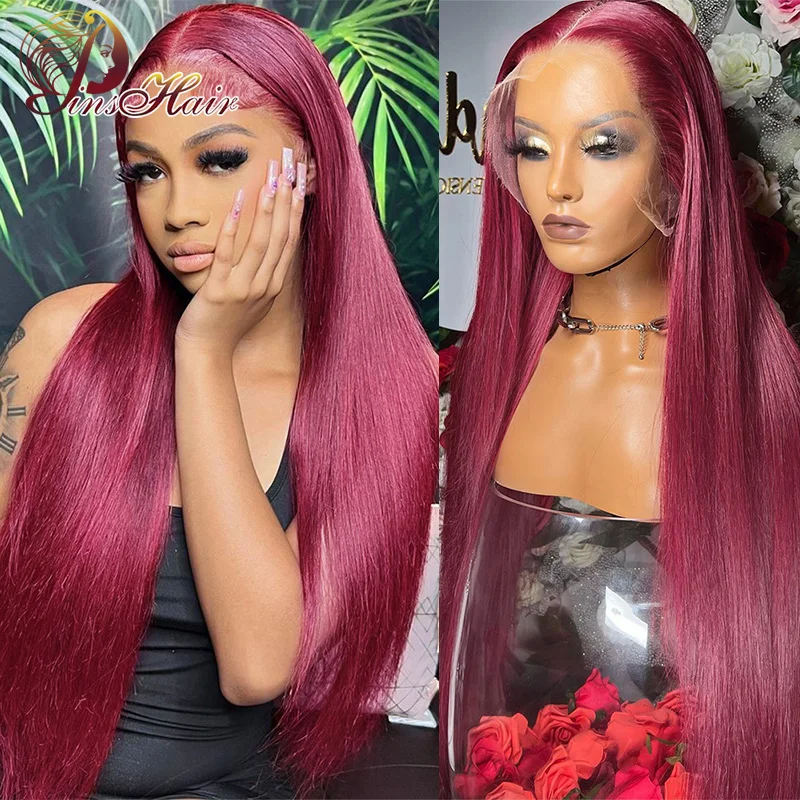 99J Burgundy Straight Lace Front Human Hair Wigs Pre Plucked 13x6 Transparent Lace Frontal Wig Red Colored Remy Human Hair 180%